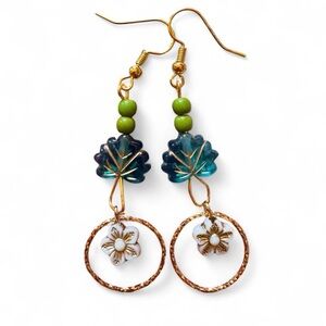 Handmade Boho Teal Leaf & White Floral Dangle Earrings - Acrylic Nature Inspired
